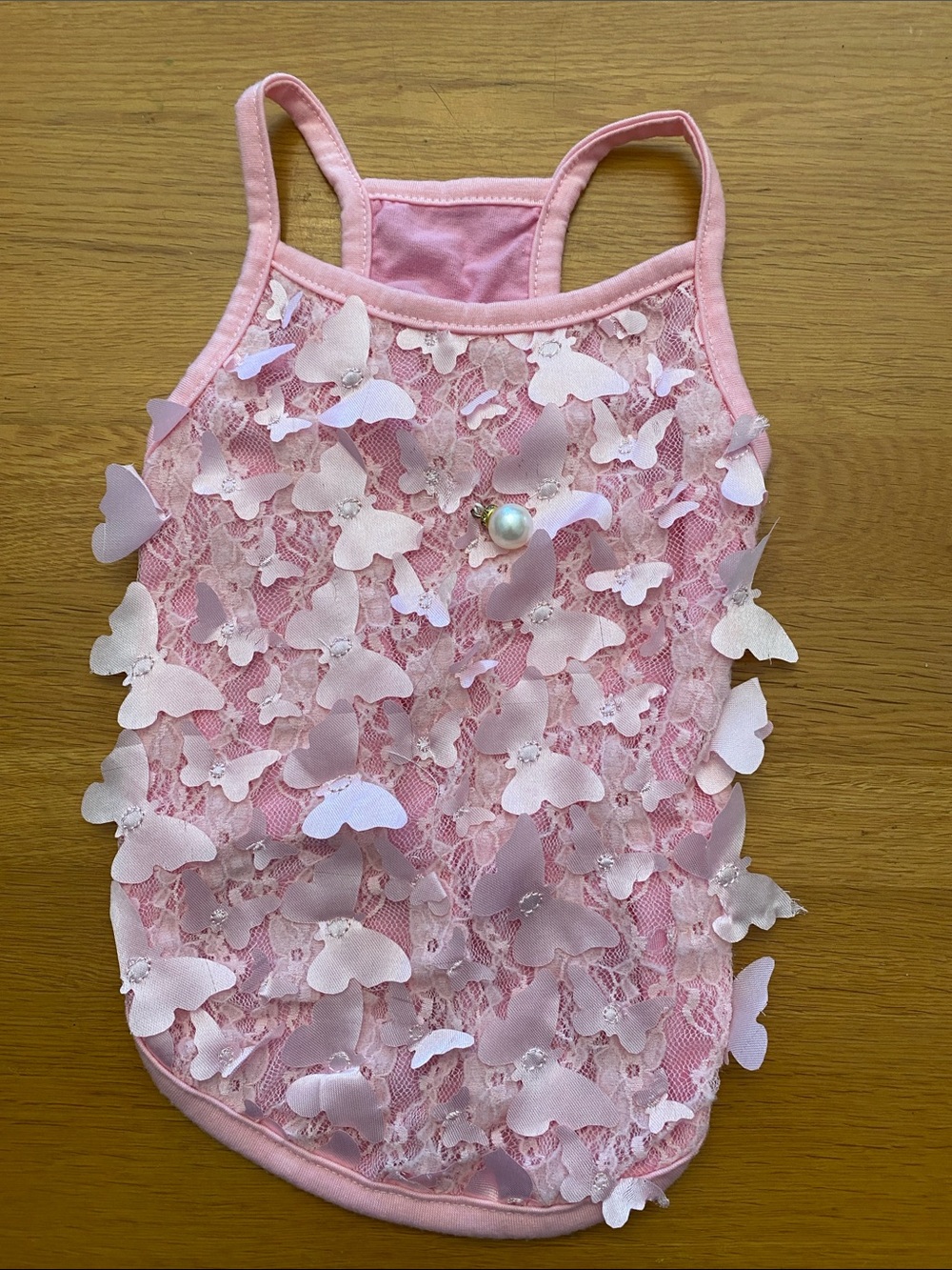 Pink Lace Butterfly Dog Tank Top with Pearl Accent
